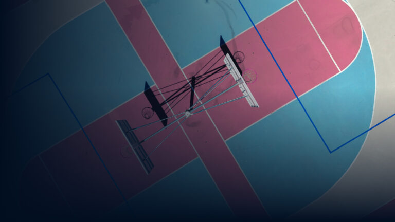 Abstrakte Luftaufnahme mehrerer übereinandergelegter Basketballplätze in Pink- und Blautönen mit Körben.