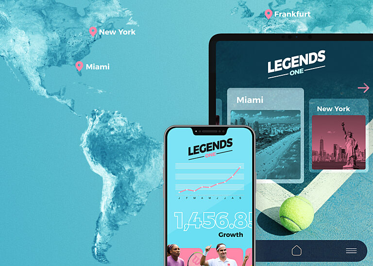 Mockup der Legends-One-App auf Smartphone und Tablet vor einer Weltkarte mit Standort-Markierungen für Miami, New York und Frankfurt sowie einer Wachstumskurve.